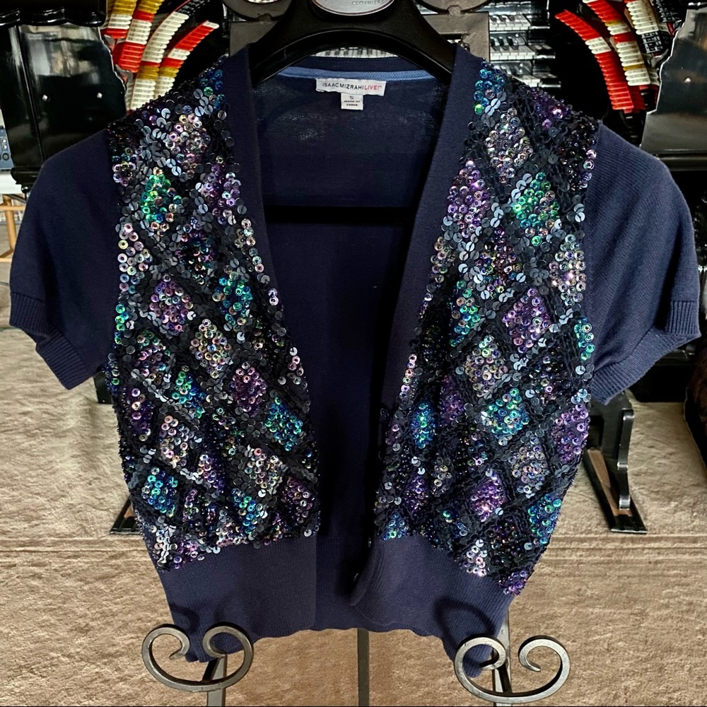 Isaac Mizrahi LIVE! Small diamond pattern sparkle sequin button sweater topper.